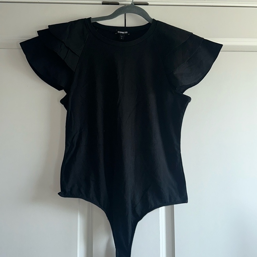 Express black ruffle sleeved thong bodysuit top. Size L. NWT